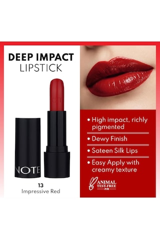 Note Cosmetics Deep Impact Lipstick 13 Impressive Red Kremsi Dokulu Yarı Parlak Ruj, Kırmızı Diğer