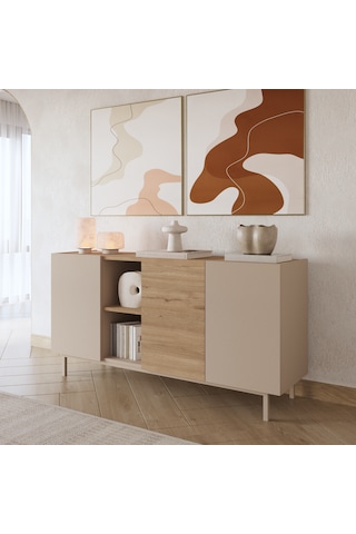 Robin Home Luka Konsol 3 Kapaklı Raflı Ahşap Ayaklı 150cm Kumsal-sepet Bej