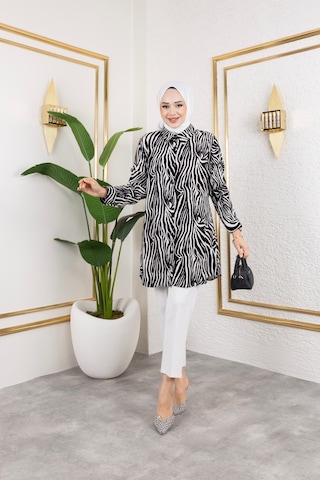 Hira Life Fashion Kadın Tesettür Giyim Ve Spor Giyime Uygun Düğme Detaylı Şık Desenli Dokuma Viskon Gömlek-tunik Siyah 4 Siyah 4