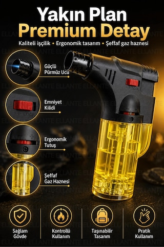 Pürmüz Çakmak Ayarlanabilir Alevli Emniyet Kilitli Şeffaf Gaz Hazneli Kompakt Mutfak Kamp Çakmağı Çok Renkli
