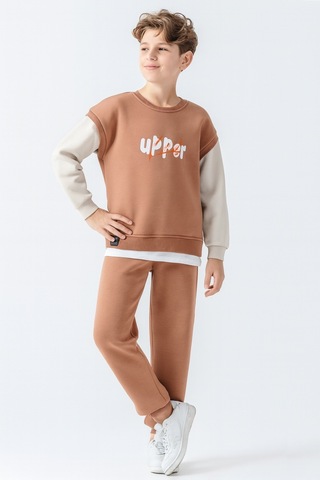 Erkek Çocuk Upper Baskılı 3 İplik Kalın Kışlık Eşofman Takımı Ak4231 Kahverengi