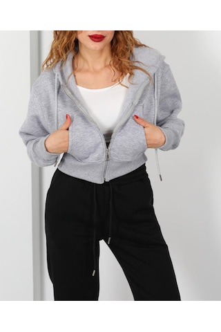 İs Berceste Kapüşonlu 3 İplik Gri Melanj Kadın Crop Sweatshirt Ceket Açık Gri