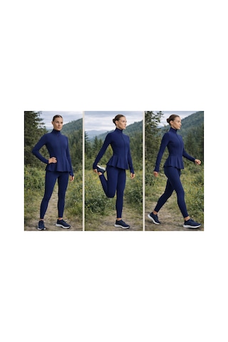 Gugus Kadın Light Warm Running Volanlı Fermuarlı Yüksek Yaka Spor Ceket Esnek Activewear Lacivert