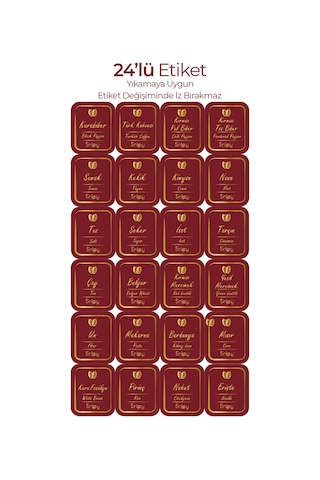Snippy Baharat Ve Saklama Kabı Bakliyat Etiketi 24 Adet Etiket Suya Yıkamaya Dayanıklı Kendinden Yapışkanlı Bordo