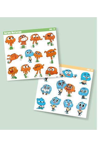 Çizgifilm-gumball-darwin Watterson- Sticker Set 2li Parlak Kağıt- Çizgi Dizi Etiket Sticker Süsleme Yeşil