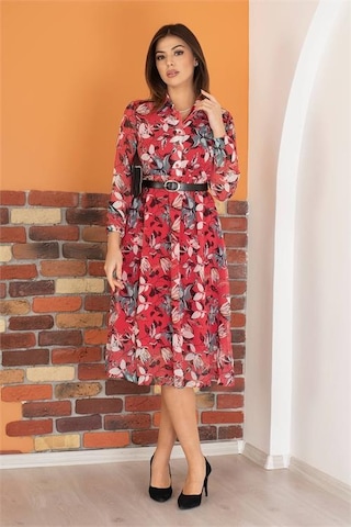 Dip Moda Kadın Gömlek Yaka Kemerli Çiçekli Şifon Elbise Dpry0031 Bordo