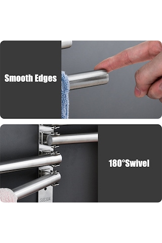 Gajeena 304 Paslanmaz Çelik 2 Çubuklu 180 Dönebilen, Delme/delmesiz Montajlı, Kancalı Çok Amaçlı Havlu Rakımı 34.5cm, Delme Parçaları İçerir Diğer