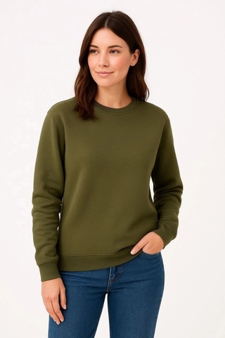 Valensdesign Üç İplik Düz Bisiklet Yaka Sweatshirt - Haki