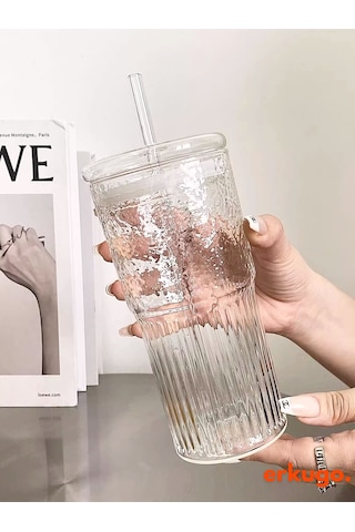 Borosilikat Sunum Bardağı Kapaklı Pipetli Bardak Kahve Bardağı Isı Dayanıklı 600 ML Macchiato