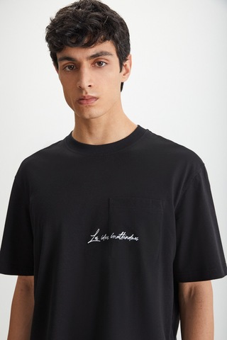 Kravın Erkek %100 Pamuk Bisiklet Yaka Baskılı Siyah T-shirt