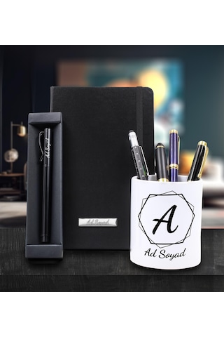 Kişiye Özel Tasarım Porselen Kalemlik & Siyah Defter & Roller Kalem Ofis İş Hediye Seti