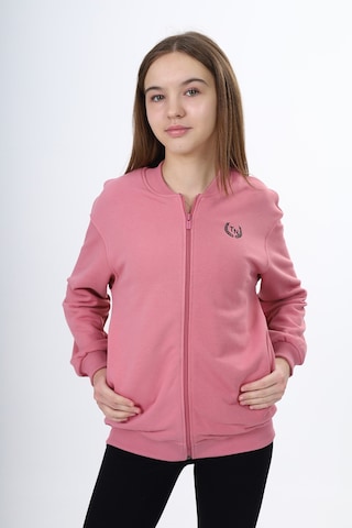 Toontoy Kız Çocuk Kolej Yaka Fermuarlı Cepli Düşük Omuz Baskılı Örme Hırka - 2 İplik Şardonlu Gül Kurusu