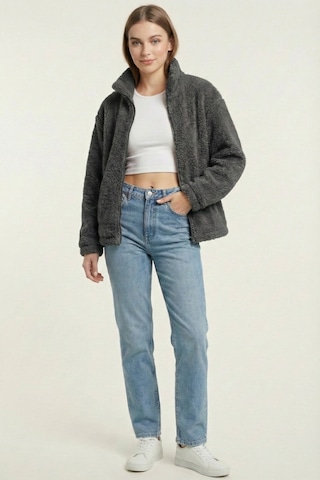 Kadın Peluş Tam Fermuarlı Cepli Sherpa Kuzu Kumaş Oversize Peluş Polar Sweatshirt Füme