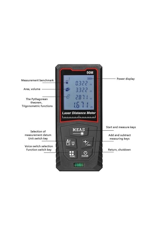 Pazly El Tipi Lazerli Hassas Dijital Mesafe Ölçer - Lcd Ekranlı Arka Aydınlatmalı İnşaat Ölçüm Cetveli