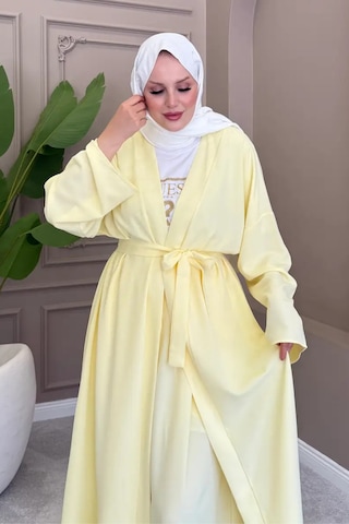Balenbi Kadın Kuşaklı Kimono Hırka Bol Paça Pantolon Takım Tesettür 2'li Kombin 1230 Sarı