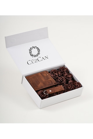 Premium Gift Rose Box M.utd Eskitme Taba Hakiki Deri Cüzdan Kartlık Anahtarlık Ve Kahve Gül Kutusu Kahverengi