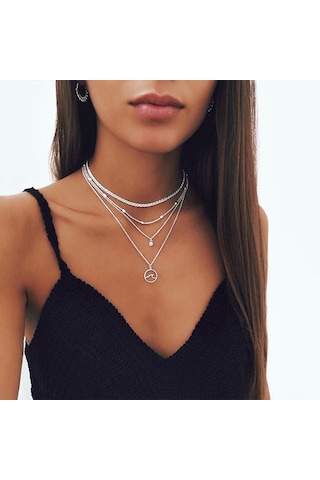 Padalink Bayanlar İçin Bohemya Stili Dört Katlı Altın/gümüş Renkli Alüminyum Müzik Aleti Pendentli Kolye - İnce Klavikül Gösterimi Silver