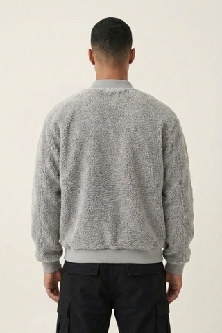 Genius Store Erkek Mont Peluş İçi Astarlı Oversize Geniş Kalıp Sherpa Kuzu Kumaş Spor Mont Gri