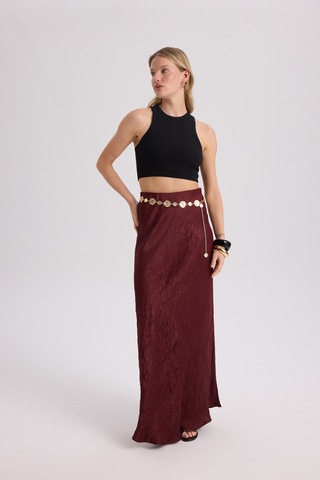 Mai Collection Mai Studios Co. Eubah Kırışık Uzun Bordo Saten Etek Bordo
