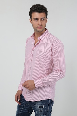 Erkek Kalın Dik Çizgili Uzun Kollu Slim Fit Gömlek 21y-4300599 Kırmızı Kırmızı