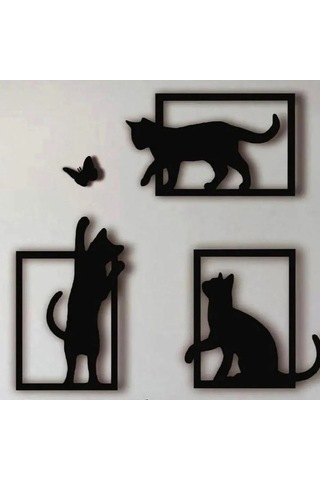 Storeşahin 3d Baskı Kedi Ve Kelebek Duvar Dekoru 3'lü Set Siyah Kedi Silüeti Duvar Süsü Shn0720