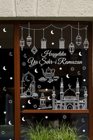 Ramazan Cam Sticker Seti Hoşgeldin Ya Şehr-i Ramazan Yazılı, Çift Taraflı Şeffaf Pencere Süsü Dijital Baskı