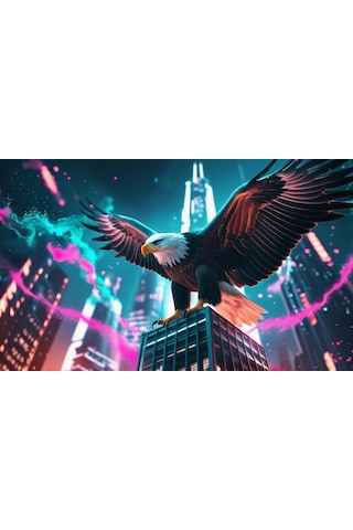 Kartal Fütüristik Bir Şehirde Neon Parıltı Stili 06 Çerçevesiz 50x30 Cm Pvc Tablo