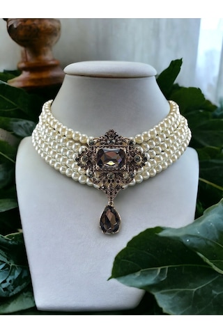 Baget Ve Su Damlası İnci Choker Tasma Kolye Vizon
