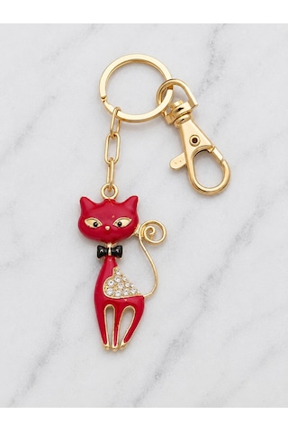Cats & Meow Kırmızı Mine Kedi Figürlü Anahtarlık Kristal Taşlı Altın Renk Çanta Aksesuarı Altın - Kırmızı