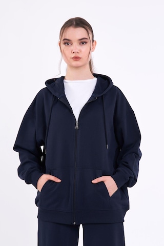 Comeor Lacivert Kanguru Cepli Kapüşonlu Fermuarlı Oversize Kadın Sweatshirt Cmrb73 Lacivert