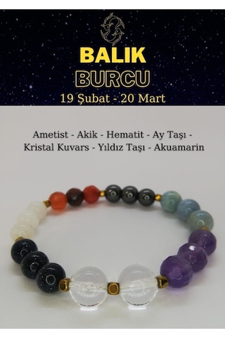 Balık Burcu Bilekliği Ametist, Akik, Aytaşı, Kristal Kuvars, Akuamarin, Yıldız Taşı, Hematit Çok Renkli