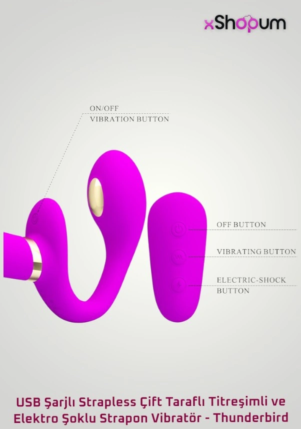 xShopum Usb Şarjlı Strapless Çift Taraflı Titreşimli Ve Elektro Uyarımlı Strapon Vibratör - Thunderbird