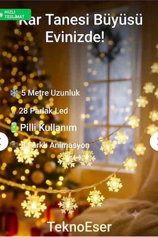 Kar Tanesi Led Işık Zinciri 5 Metre Pilli Noel Yılbaşı Dekorasyon Şeffaf Kablo 28 Led