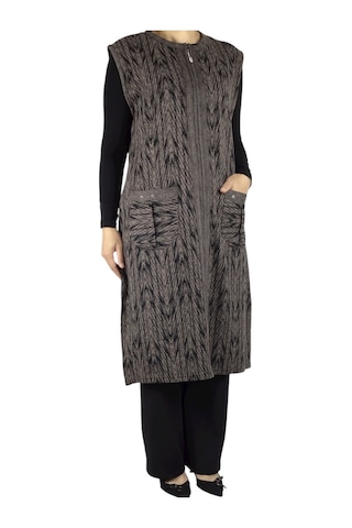 Önü Fermuarlı Desenli Cepli Kalın Kışlık Yelek Kahverengi