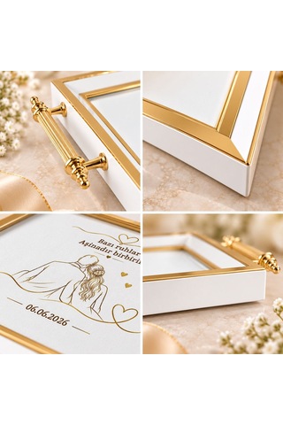 Bk Gift Kişiye Özel Beyaz&gold Söz Nişan Tepsisi-8 - 39x23 Cm Çok Renkli