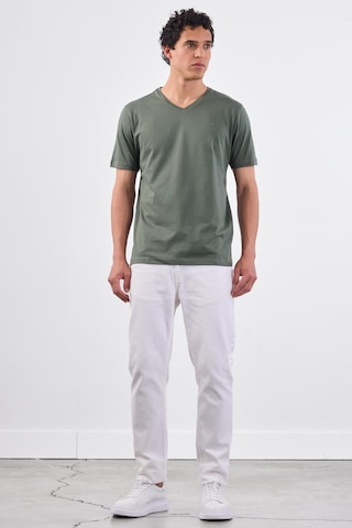 Dufy Haki V Yaka Pamuklu Düz Renk Slim Fit Erkek T-shirt Haki