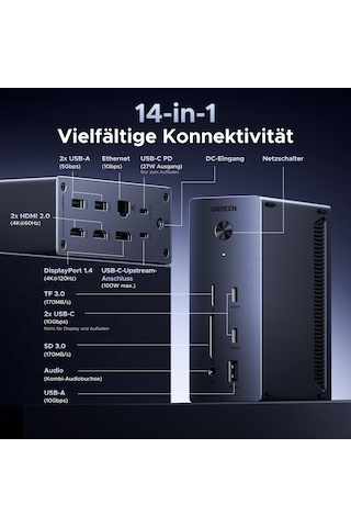 Ugreen Revodok Pro Üçlü Ekran Bağlantı İstasyonu Yalnızca Windows Dizüstü Bilgisayarlar İçin 8k Dp/4k Hdmı İle 2hdmı Ve Dp, 100w Şarj, 27w Usb C, 10gbps Usb Bağlantı Noktaları, Gigabit Lan, Sd/tf