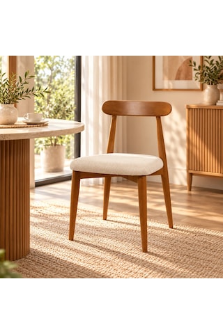 Ganni Home Oslo Sandalye Tekli Krem Ceviz Gürgen İskeletli, Kolay Silinebilir Kumaşlı Modern Yemek Sandalyesi Krem-ceviz