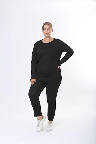 Modasehle Büyük Beden Uzun Kollu Yüksek Bel Beli Lastikli Yırtmaçlı Pijama Takım Siyah Uzunkol