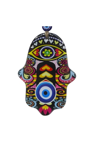 Renkli Cam Hamsa Eli Duvar Dekoru - Nazar Boncuklu Jüt İpli Süs 10x15 Cm