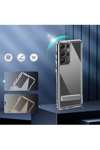 Galaxy S21 Ultra Kılıf Standlı Şeffaf Silikon Zore L-stand Kapak Renksiz