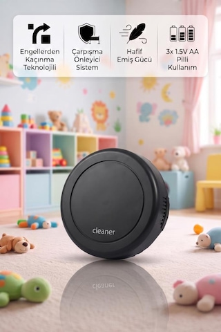 Engelden Kaçan Pilli Usb Şarjlı Temizlik Robotu Çarpışma Önleyici Sensörlü Oyuncak Robot Süpürge Siyah