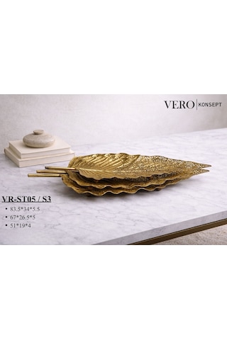 Vero Konsept Lüks Antik Gold 3 Lü Yaprak Tasarım Sunum Seti Vr-st05 - Ferforje Tepsi Takımı