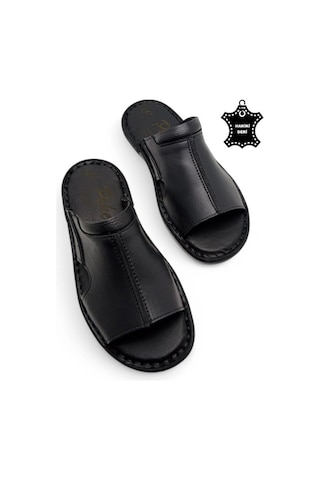 Tamamen Hakiki Deri Ve Topuk Yastıklı Sistemli Ortopedik Erkek Terlik Siyah-60 Siyah