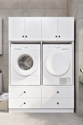 Ases Mobilya Ases Elz533 Çamaşır Makinesi Ve Kurutma Makinesi Extra Boy 4 Kapak 4 Çekmece Banyo Dolabı Beyaz Beyaz