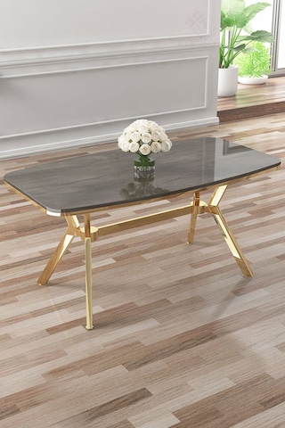 Canisa Asel Serisi 90x160 Lak Panel Antrasit İroni Gold Kaplama Ayaklı Masa Takımı Ve 6 Siyah Sandalye Antrasit İroni Masa Siyah Sandalye Ayaklar Gold