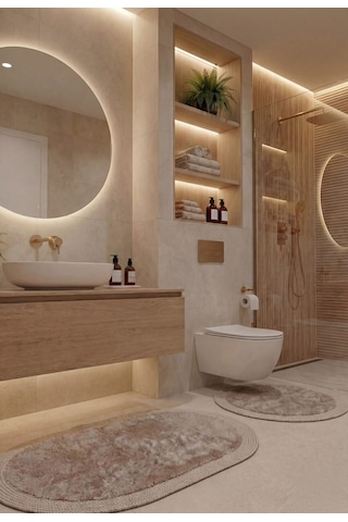 Modern Jüt Kenar Çerçeveli Peluş Banyo Halı Seti Kaymaz Taban 2 Li 100x60-60x60 Daire Vizon