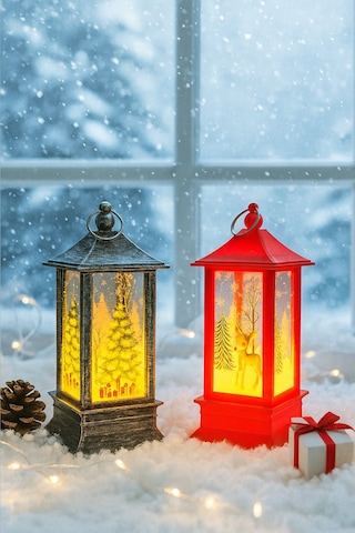 Led Işıklı Noel Feneri 2 Li Set Çam Ağacı & Bambi Temalı Dekoratif Yılbaşı Lambası 14 Cm 12 CM