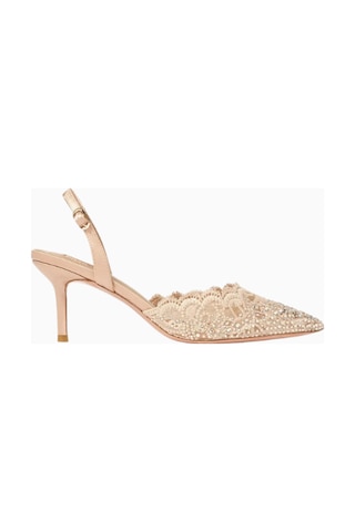 Nicoli Rimini 70 Dantelli Slingback Topuklu, Kristal Taşlı, Sivri Burun, Lüks El Işçiliği Tasarım Pembe