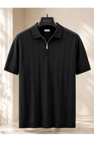 İxir Yarım Fermuarlı Regular Kalıp Polo Yaka Triko T-shirt Siyah - Siyah